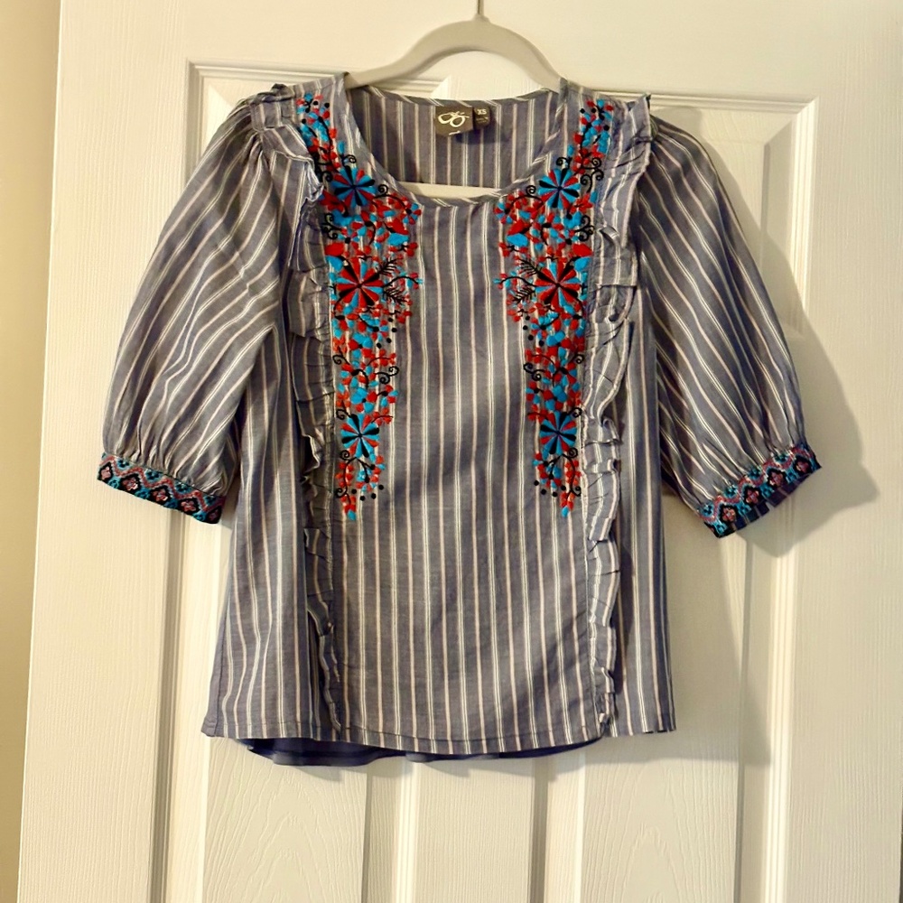 Anthropologie Striped Floral Embroidered Top